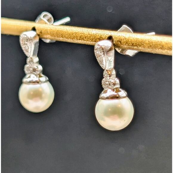 AFJC 925 Sterling Genuine Pearl White Sapphire Drop Earrings - Picture 3 of 6
